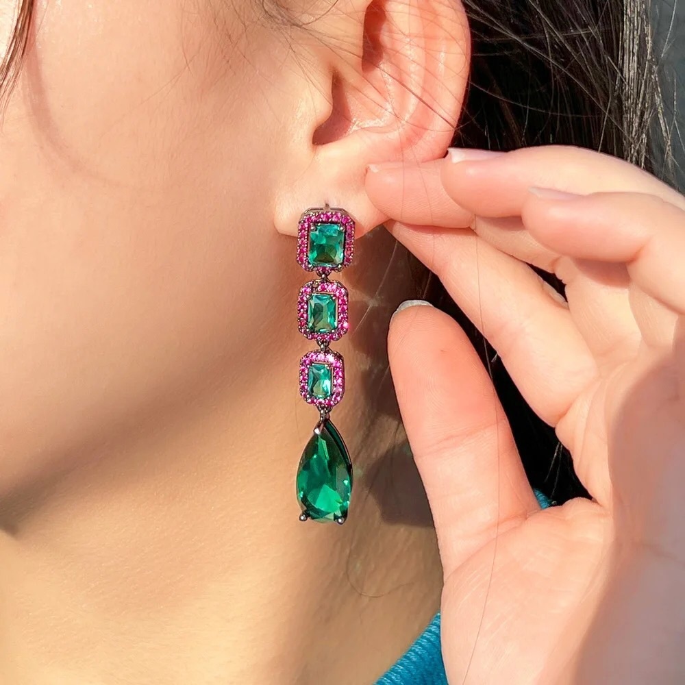 Elegant Green and Pink Drop Earrings
